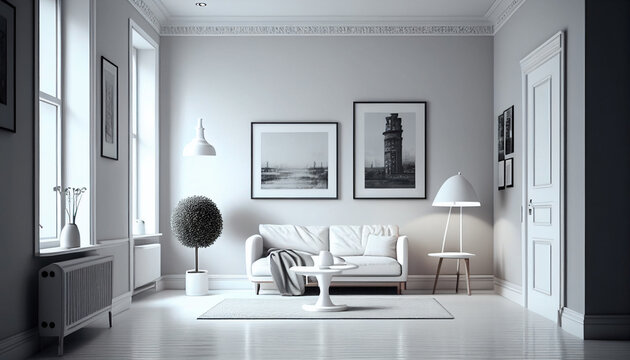 A photo of a clean white living room, generative AI
