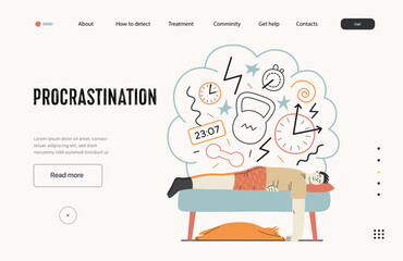 Mental disorders web template. Procrastination - modern flat vector illustration of man suffering under the weight of problems and obligations. People emotional, psychological, mental traumas concept