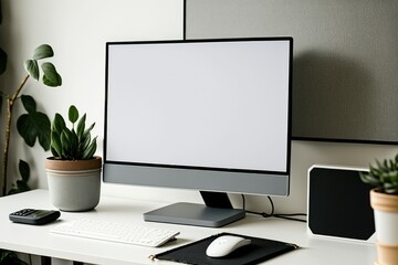 Background of a home office desk with a smart speaker and a blank computer screen. Generative AI