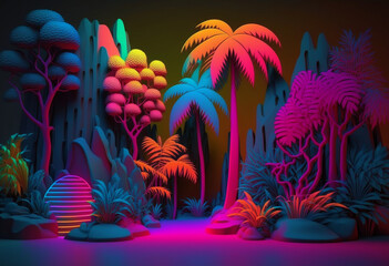 Fototapeta na wymiar Ai-Generated 3D Render of a Vibrant, Glitzy, and Grandiose Neon Jungle