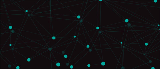 Turquoise network. Abstract connection on black background. Network technology background with dots and lines for desktop. Ai system background. Abstract concept. Line background, network technology