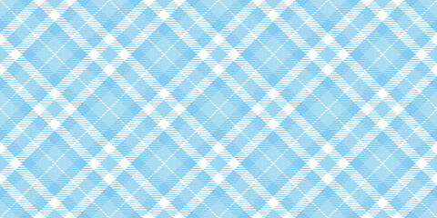 Seamless diagonal gingham plaid pattern in pastel cobalt blue and white. Contemporary light turquoise striped checker fashion background texture. Baby boy's trendy tartan textile or nursery wallpaper.