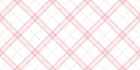Seamless diagonal gingham plaid pattern in pastel rosy pink and white. Contemporary light barbiecore striped checker fashion background texture. Baby girl's trendy tartan textile or nursery wallpaper. - obrazy, fototapety, plakaty