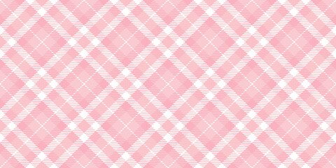 Seamless diagonal gingham plaid pattern in pastel rosy pink and white. Contemporary light barbiecore striped checker fashion background texture. Baby girl's trendy tartan textile or nursery wallpaper.