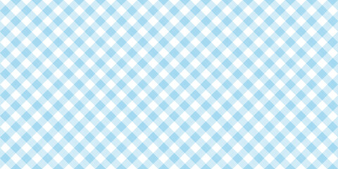 Seamless diagonal gingham checker pattern in pastel cobalt blue and white. Contemporary light turquoise linen textured diamond background. Baby boy trendy striped checks textile or nursery wallpaper.