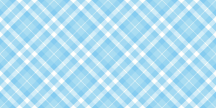 Seamless diagonal gingham plaid pattern in pastel cobalt blue and white. Contemporary light turquoise striped checker fashion background texture. Baby boy's trendy tartan textile or nursery wallpaper.