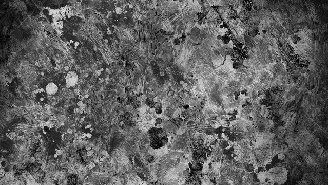 Vintage black and white grunge paint splatter and scratches texture overlay. Distressed old photo dust, smudges and film grain background with vignette border. Retro dirty urban noise effect  8k 16:9.