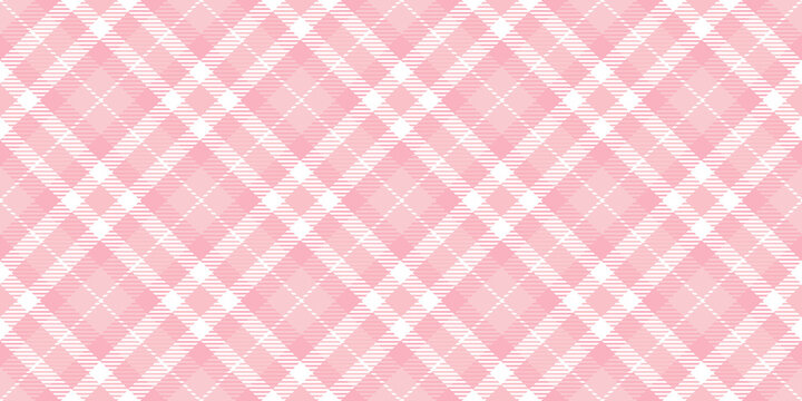 Seamless diagonal gingham plaid pattern in pastel rosy pink and white. Contemporary light barbiecore striped checker fashion background texture. Baby girl's trendy tartan textile or nursery wallpaper.