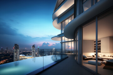 Luxury penthouse, with infinity pool, view from terrace, high class real estate with skyline view.