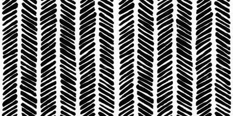Seamless whimsical abstract hand drawn striped herringbone pattern. Monochrome bold black paint strokes chevron motif texture on white background in a trendy painterly scribble doodle line art style.