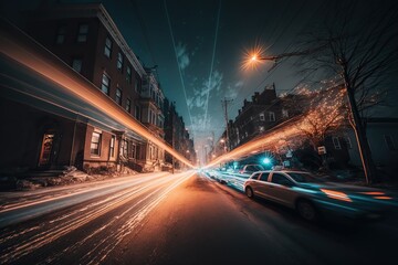 Fototapeta na wymiar Long-exposure shot of cityscape at night with streaks of light from cars and streetlamps, concept of Time-lapse Photography and Urban Landscape, created with Generative AI technology