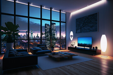 Luxury penthouse with skyline city view, high class real estate apartment. - obrazy, fototapety, plakaty
