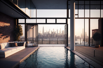 Luxury penthouse, with infinity pool, view from terrace, high class real estate with skyline view.