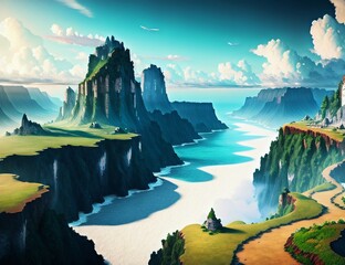 landscape art of tall cliffs overlooking an ocean of water, a blue sky and white fluffy clouds