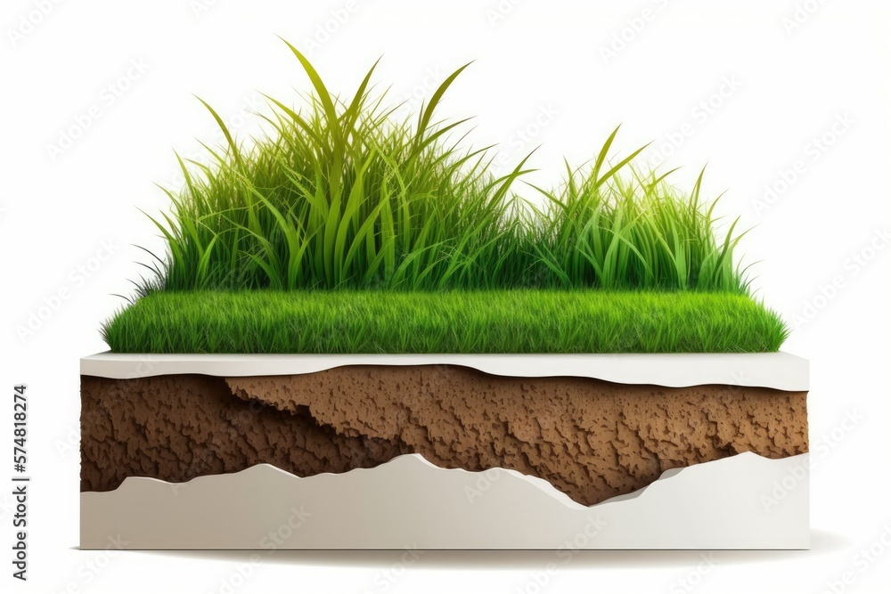 Poster isolated side view of green grass and soil in a flat, two dimensional design. generative ai