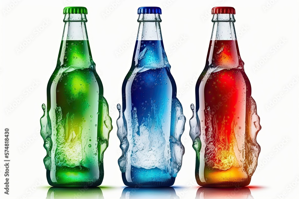 Poster three bottles of beer chilling in ice. put out in the blue by itself. clipping path is included in t