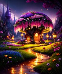 a fairytale like building with lights turned on inside with pink and purple plants growing all around it