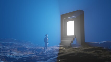 Man stepping into portal futuristic sci-fi concept, other dimensions, other worlds, space planets concept