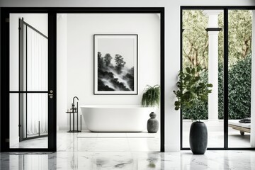 Modern white bathroom with stone floor, black bathtub, and glass door. fake vertical poster frame. Leisure hotel concept. Generative AI