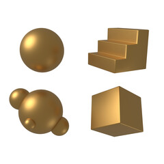 Golden elements 3d render, sphere circles, stairs and cube, abstract shapes gold on white background