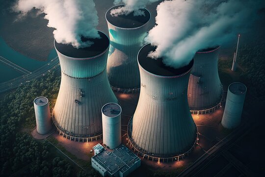 Cooling Towers Of A Coal Fired Power Plant, With Smoke Belching Chimneys Pumping CO2 Into The Air, Seen From Above In A Twilight Aerial Environment. Generative AI