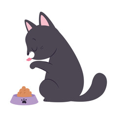 Cute Cat with Black Coat Sitting Near Feed Bowl and Licking Paw Vector Illustration