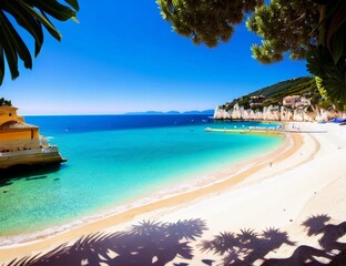 Fototapeta na wymiar a calm beach with bright blue water and clean white sand