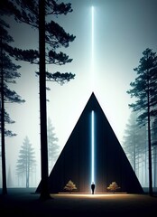 a giant pyramid monolith in the middle of a forest with light shining from it