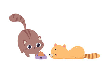 Cute Cat Sitting Near Feed Bowl and Sleeping Vector Illustration