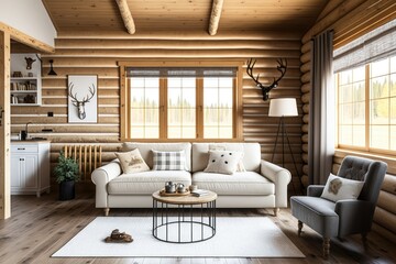 Fototapeta na wymiar Log cabin living rooms are white and beige. windows, carpet, fabric sofa. Farmhouse interior, frame mockup. Generative AI