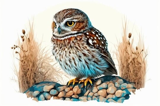 Bird of prey, a tiny owl, on the search for a mouse in the countryside. Generative AI
