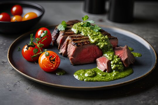 sirloin steak cooked Argentinean style, with green chimichurri sauce and grilled cherry tomatoes, generative AI