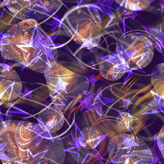 Abstract seamless pattern with glowing purple stars and energetic swirls. Magical celestial design with watercolor textures and cosmic elements on a dark background.
