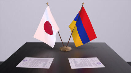 Armenia and Japan national flags, political deal, diplomatic meeting. Politics and business 3D illustration