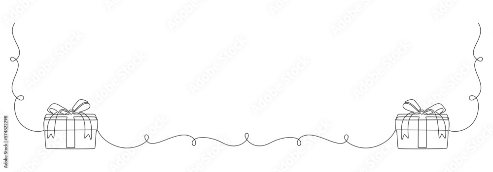 Wall mural One Continuous line drawing of Christmas Present box with ribbon and bow. Festive gift and Wrapped birthday surprise package in simple linear style. Dividing Doodle vector illustration