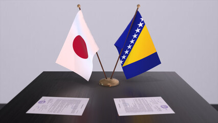 Bosnia and Herzegovina and Japan national flags, political deal, diplomatic meeting. Politics and business 3D illustration