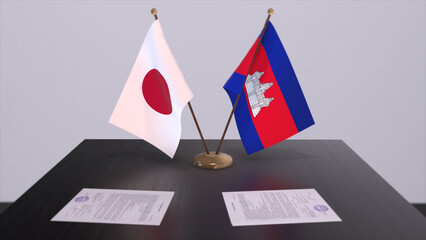 Cambodia and Japan national flags, political deal, diplomatic meeting. Politics and business 3D illustration