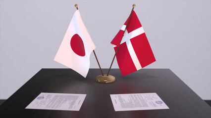 Denmark and Japan national flags, political deal, diplomatic meeting. Politics and business 3D illustration