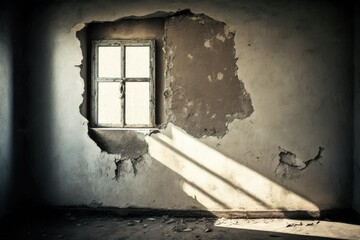 broken, dusty wall with a concreted-over window on the first floor of an old, partly abandoned residential building. Generative AI