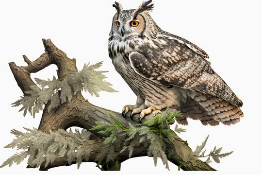 The Eurasian Eagle Owl (Bubo bubo) perched on a branch. The Dutch province of Gelderland. Generative AI