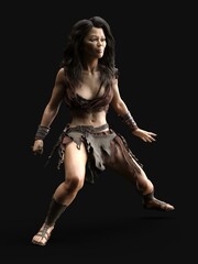 Fototapeta na wymiar 3d-illustration of an isolated fighting female fantasy barbarian with knife