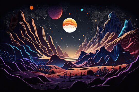 Starry sky as a backdrop, an extraterrestrial planet's desolate terrain of mountains and rocks with a deep fissure, and the glow of the cosmos. Cartoon illustration of an alien world with a parallax