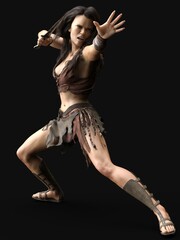 3d-illustration of an isolated fighting female fantasy barbarian with knife