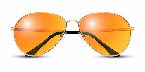 Vector 3d Realistic Modern Unisex Frame Glasses. Yellow Golden Color Frame. Orange Transparent Sunglasses for Women and Men, Accessory. Optics, Lens, Vintage, Trendy Glasses. Front View