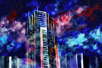 Watercolor painting of a nighttime skyscraper in the nation's capital. Illustration of the city painted digitally. Generative AI