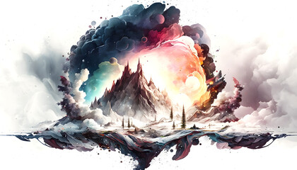 A beautiful fantasy landscape on a white background. Mountains, trees, fog. Watercolor painting. Abstract intricate splashes of paint on a white background. Generative AI.