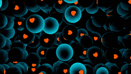 Dense stack of blue ball with read heart on its surface (3D Rendering)