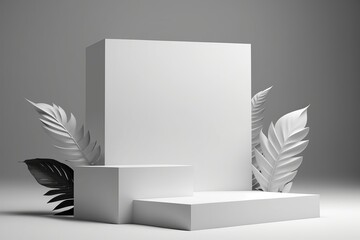 A white square podium near the wall with soft lighting.