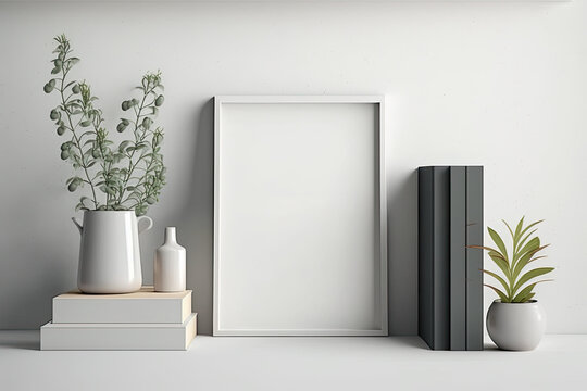 Canvas frame mockup with small plant in vase and books on white wall. Modern interior design. Generative AI