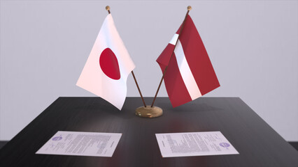 Latvia and Japan national flags, political deal, diplomatic meeting. Politics and business 3D illustration